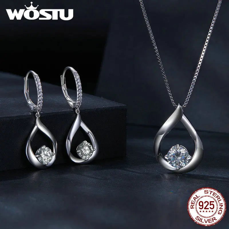 WOSTU 1CT Moissanite Waterdrop Necklace Earrings Lab Diamond 925 Sterling Silver Pendants Women Wedding Set Valentine's Day Gift