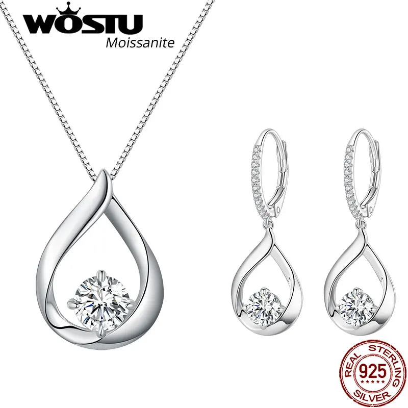 WOSTU 1CT Moissanite Waterdrop Necklace Earrings Lab Diamond 925 Sterling Silver Pendants Women Wedding Set Valentine's Day Gift